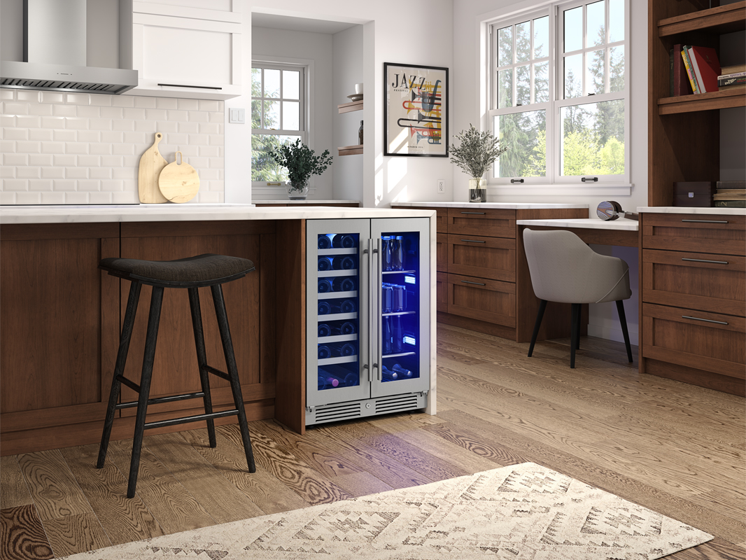 Zephyr PRWB24C32CG 24 Inch Dual Zone French Door Wine & Beverage Cooler  with 5.2 Cu. Ft. Capacity, PreciseTemp™, Active Cooling Technology,  Vibration Dampening, 3-Color LED Lighting, Full Extension Wood Racks,  Sabbath Mode