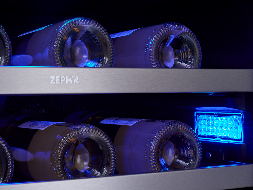PRWB24F02AG Zephyr Presrv™ Full Size Dual Zone Wine & Beverage Cooler, Deep Blue LED lights