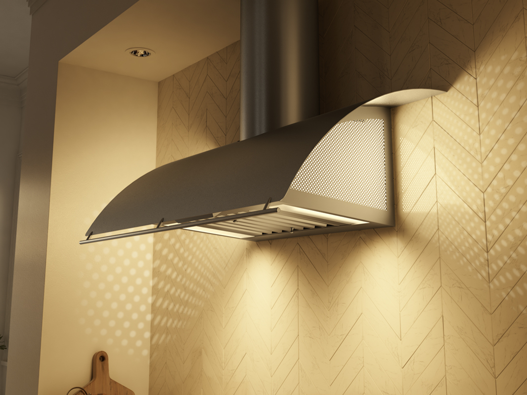 COK-C Zephyr Okeanito Wall Range Hood in stainless steel, ambient lights on