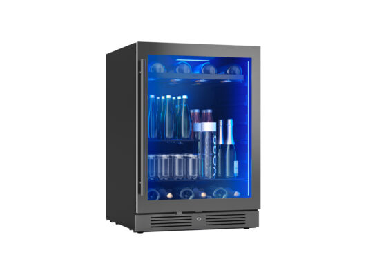 PRB24C01CBSG Zephyr Presrv® Black Stainless Single Zone Beverage Cooler Show With Quarter-Shelf Retracted
