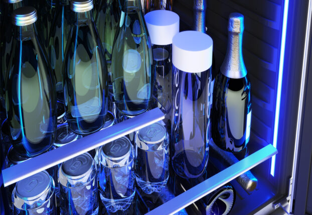 Zephyr Presrv Beverage Cooler Retractable, Gray Glass Quarter-Shelf With Champagne Bottles (1)