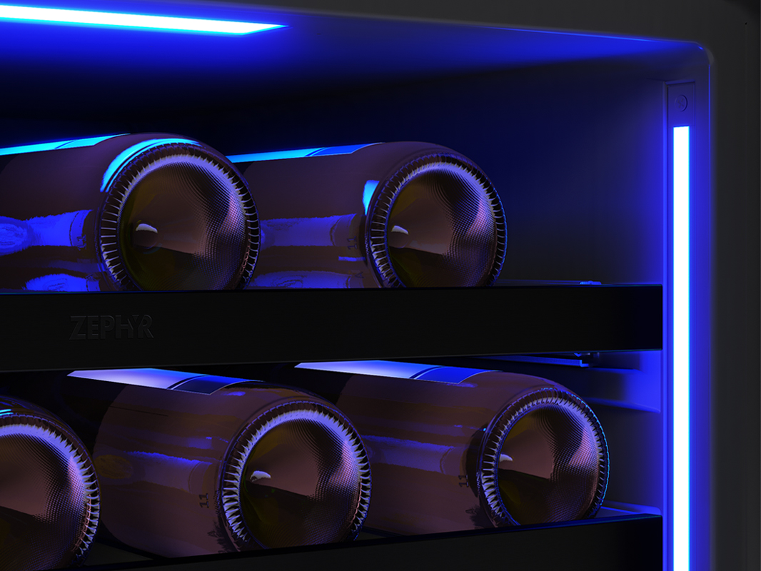 PRW24F02CPG Zephyr Presrv® Full Size Panel Ready Dual Zone Wine Cooler 3-Color LED light strips in Deep Blue